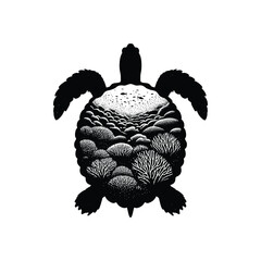 silhouette of tortoise, filled with underwater view with coral in rough drawing, animal,