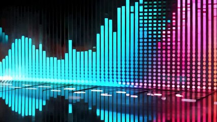 Aufkleber - Colorful soundwave bars fluctuate with rhythmic patterns, reflecting vividly on a dark surface, showcasing audio intensity and frequency variations.