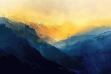 Wall Mural - A digital painting of a serene mountain range during sunset