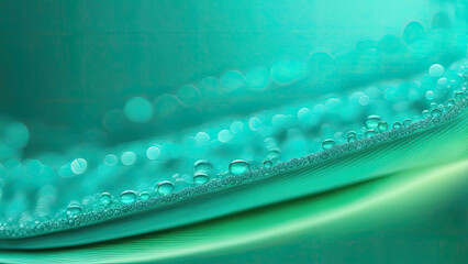 Wall Mural - Abstract teal and green background with water drops and bokeh.