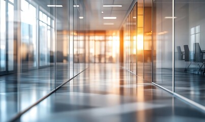 Poster - Modern Office Hallway with Glass Walls and Geometric Floor Patterns, Natural Look, HD Quality