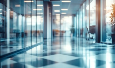 Poster - Modern Office Hallway with Glass Walls and Geometric Floor Patterns, Natural Look, HD Quality