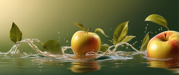 Two Apples and Green Leaves in Water Splash