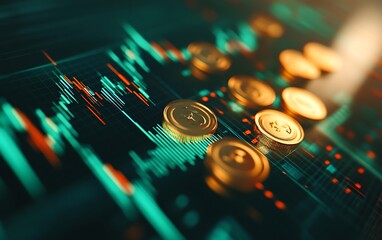 Leinwandbilder - Green Candle Chart with Golden Coins and Dynamic Financial Data Background