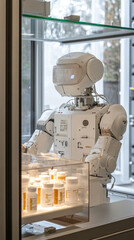Poster - A robot is standing in front of a glass case with bottles inside. The robot is white and has a robotic appearance