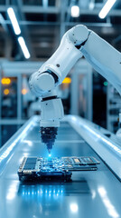 Poster - a robot is working on a circuit board. the robot is white and has a blue light on it
