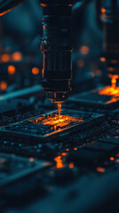 Poster - A close up of a computer chip being etched with a laser. The image has a moody, almost eerie feel to it, as if the viewer is looking into the inner workings of a machine