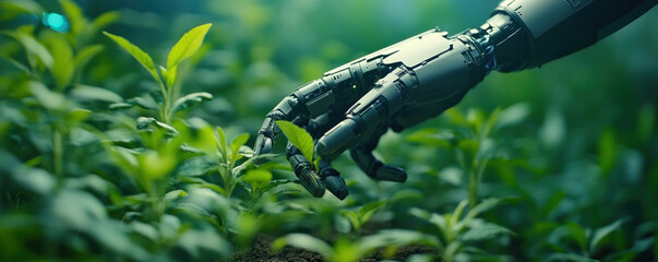 Poster - A robotic hand is reaching out to a leaf in a lush green field. Concept of curiosity and wonder, as the robotic hand seems to be exploring the natural world. The contrast between the artificial