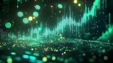 Aufkleber - Futuristic Financial Interface with Green Candle Chart and Floating Digital Coins, Symbolizing Market Prosperity