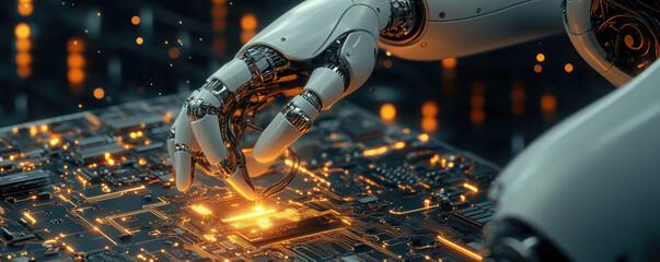 Poster - A robot is touching a computer chip