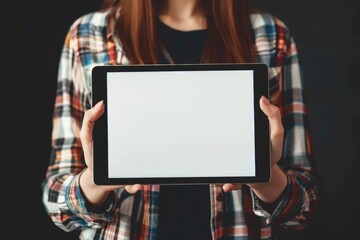 Poster - a woman holds a tablet with a blank white screen, possibly waiting for data or instructions