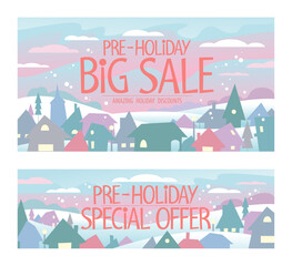 Wall Mural - Pre-holiday big sale and pre-holiday special offer Christmas banners set with snowy winter town landscape