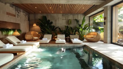 Poster - A peaceful spa environment showcases a serene indoor pool, cozy lounge chairs, and vibrant plants, inviting relaxation and rejuvenation.