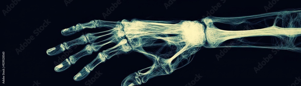 An X-ray image showing the skeletal structure of a human hand and arm ...