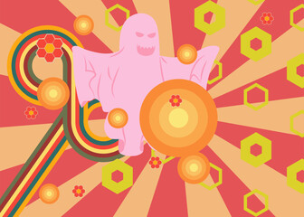 Poster - Retro 70s Background with Ghost. Groovy Halloween. 1970s art template. Minimalistic Vintage design poster. Old-fashioned color artwork.