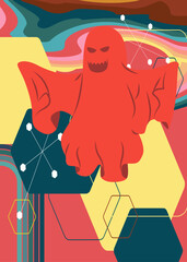 Poster - Retro 70s Background with Ghost. Groovy Halloween. 1970s art template. Minimalistic Vintage design poster. Old-fashioned color artwork.