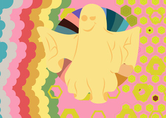 Poster - Retro 70s Background with Ghost. Groovy Halloween. 1970s art template. Minimalistic Vintage design poster. Old-fashioned color artwork.