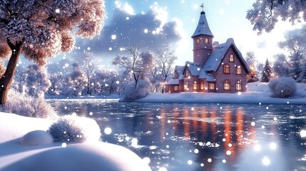 Wall Mural - Winter Wonderland with Snowfall and a Majestic House by the Frozen Lake