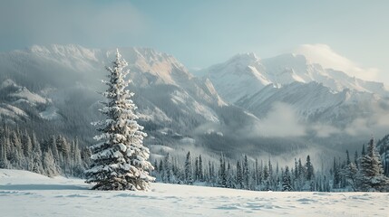 A single snow-covered evergreen tree stands in a snowy field in front of a misty mountain range.