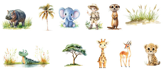 Wall Mural - Set of cute watercolor animals on transparent background.