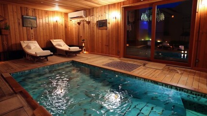 Poster - A serene indoor pool surrounded by wooden walls, featuring lounge chairs and gentle lighting, creating a relaxing atmosphere for unwinding.