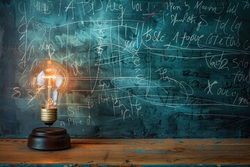 Poster - A single light bulb sits on top of a wooden table, simple and straightforward