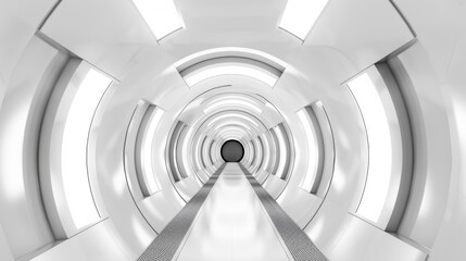 Poster - A very long tunnel stretching into the distance with a bright light at the end, showcasing futuristic corridor architecture