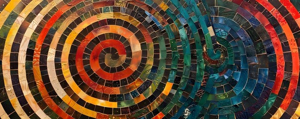 Wall Mural - Abstract Circular Mosaic Artwork with Red, Orange, and Blue Tones