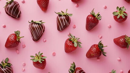 Chocolate covered strawberries on pink background