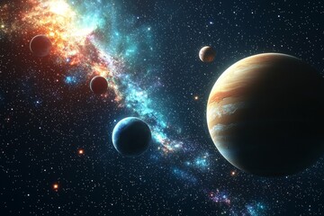 Space cosmic illustration with planets scene created with Generative AI