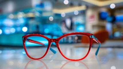 Wall Mural - A bold pair of red glasses placed neatly on a wooden table in a simple setting