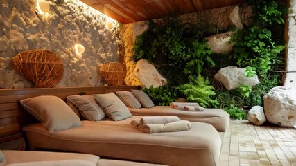 Poster - A tranquil spa area features comfortable loungers with towels, illuminated by soft lighting and adorned with lush plants and stone elements.