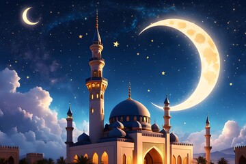 A beautiful mosque with a large moon and stars in the background