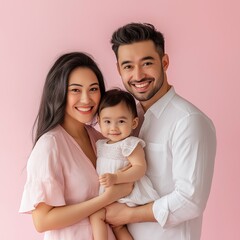 A happy family portrait featuring a mother, father, and baby against a soft pink background, radiating love and joy.