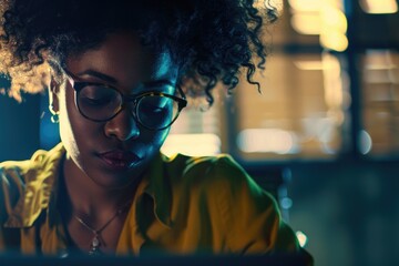 A woman sitting in front of a laptop, focusing on the screen