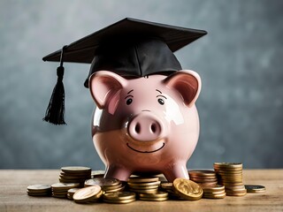 Piggy bank with coins and black graduation cap as a symbol of education loan