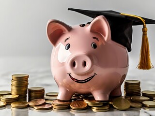 Piggy bank with coins and black graduation cap as a symbol of education loan