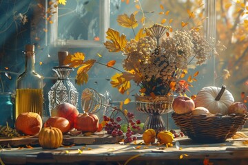 Wall Mural - A table with a basket of fruit placed beside a window