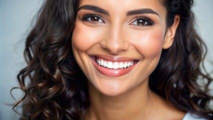 Closeup portrait of a radiant young Latin Hispanic model woman beaming with perfect teeth, isolated on a soft light background, ideal for dental care promotions.