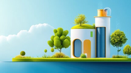 Wall Mural - Sustainable Urban Living Concept with Rainwater Harvesting System, Green Roofs, and Collection Tanks - Flat Design Illustration