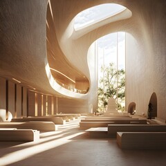 70. A 3D model of a contemporary spiritual sanctuary with natural light and serene design