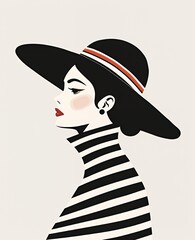 a stylish illustration of a woman in a wide-brimmed hat and striped top.