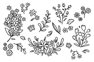 Wall Mural - set of flowers and leaves doodle line art vector illustrations! these floral and foliage designs are
