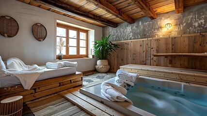 Aufkleber - A serene spa room featuring a hot tub, wooden walls, a comfortable seating area, and natural light streaming through the window.