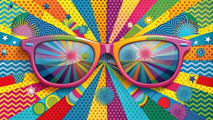 Vibrant summer poster features trendy sunglasses on a retro style pop art background with bright colors, geometric shapes, and fun patterns, evoking a carefree travel vibe.