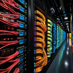 Vibrant network server room with illuminated cables, showcasing advanced technology and organized data infrastructure.