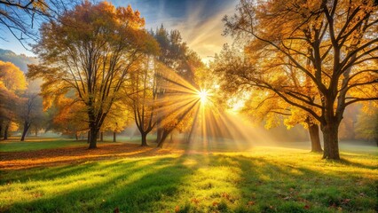  Sun rays shining through autumn trees casting golden light on grassy field