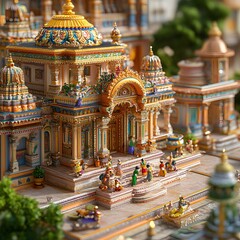 50. A 3D model of a Jain festival scene with vibrant decorations and spiritual elements