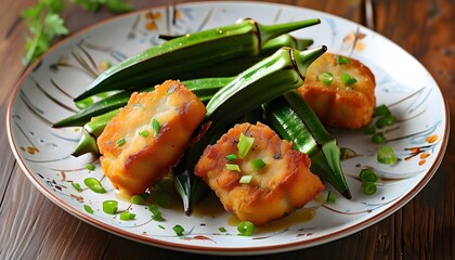 The exquisite plates are filled with delicious fried okra and fish cakes, which are full of color, aroma and flavor.