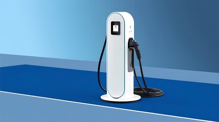 A sleek EV Charging station against a clean, minimalistic blue background. This image embodies the promise of sustainable energy and the growing ubiquity of electric vehicles  